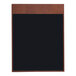 A brown leather menu board with a black border and black interior.