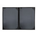 Two black rectangular H. Risch, Inc. leather menu covers with black picture corners.