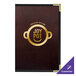 A brown leather H. Risch, Inc. wine menu cover on a table.