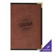 A brown leather H. Risch menu cover with black interior pockets and black text on the cover.