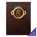 A brown leather H. Risch, Inc. menu cover with customizable picture corners.