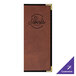 A brown rectangular H. Risch, Inc. leather menu cover with black corners and text.