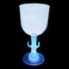 A clear plastic cactus stem goblet with a blue LED light inside.