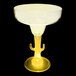 A clear plastic margarita cup with a yellow cactus shaped stem.