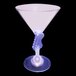 A close-up of a purple plastic martini glass with a light on the stem shaped like a guitar.