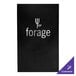 A black rectangular H. Risch, Inc. leather menu cover with white customizable text.