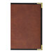A brown leather H. Risch, Inc. menu cover with black corners.