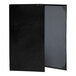 A black tuxedo leather menu cover with picture corners.