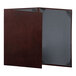 A brown leather menu cover with black corners.