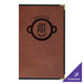 A brown H. Risch, Inc. leather menu cover with a logo of a pot.