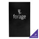 A black rectangular menu cover with customizable picture corners and white text on the front.