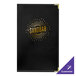 A black H. Risch, Inc. tuxedo leather menu cover with gold interior pockets.
