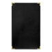 A black leather rectangular menu cover with gold corners.