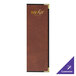 A brown rectangular leather menu cover with gold trim.