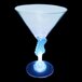 A clear plastic martini glass with a blue light up guitar stem.