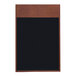 A black board with a brown leather frame.