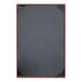 A brown leather menu cover with picture corners.