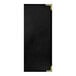 A black rectangular menu cover with gold corners and interior pockets.