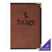 A brown leather H. Risch menu cover with black interior pockets.