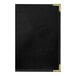 A black leather menu cover with white interior borders.