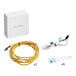 A white box with black text and a yellow cord.