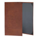A brown rectangular leather menu cover with picture corners.
