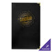 A black leather H. Risch menu cover with gold foil.