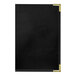 A black leather menu cover with a white border.