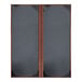 Two grey rectangular menu covers with brown leather borders and picture corners.