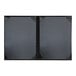 Two black tuxedo leather menu covers with picture corners.