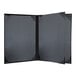 A black rectangular menu cover with black picture corners.