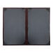 A grey rectangular Wine Tuxedo leather menu cover with brown frame corners.