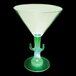 A clear plastic martini glass with a cactus shaped stem and a green light inside.