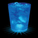 A 12 oz plastic rocks cup with blue liquid and ice cubes with a blue LED light.