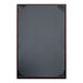 A white rectangular menu cover with a brown leather border.