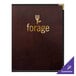 A brown leather menu cover with gold text on the front.