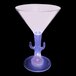 A white plastic martini glass with a cactus shaped stem with a purple LED light.