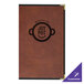 A brown leather H. Risch, Inc. menu cover with interior pockets and a logo.