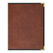 A brown leather H. Risch, Inc. menu cover with black trim.
