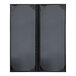 Two black rectangular leather menu covers with black corners.