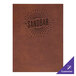 A brown leather H. Risch menu cover with black picture corners and a logo with lines in the center.