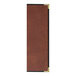A brown rectangular leather menu cover with black trim.