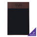 A black leather menu board with a brown wooden insert.