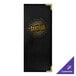 A black rectangular menu cover with gold interior pockets and a customizable black and gold logo.