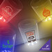A plastic champagne bucket with blue LED lights and a handle with different colored logos on the glasses inside.