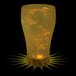 A close up of a 12 oz. plastic soda cup filled with yellow liquid and a glowing yellow light inside.