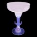 A clear plastic margarita bowl with a cactus shaped stem and a purple LED light.