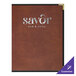 A brown leather H. Risch, Inc. menu cover with silver text that says "Savor" on the front.