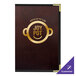 A brown leather H. Risch, Inc. menu cover on a table with a brown and gold restaurant logo.