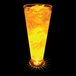 A customizable plastic pilsner cup filled with orange liquid and ice with a yellow LED light inside.